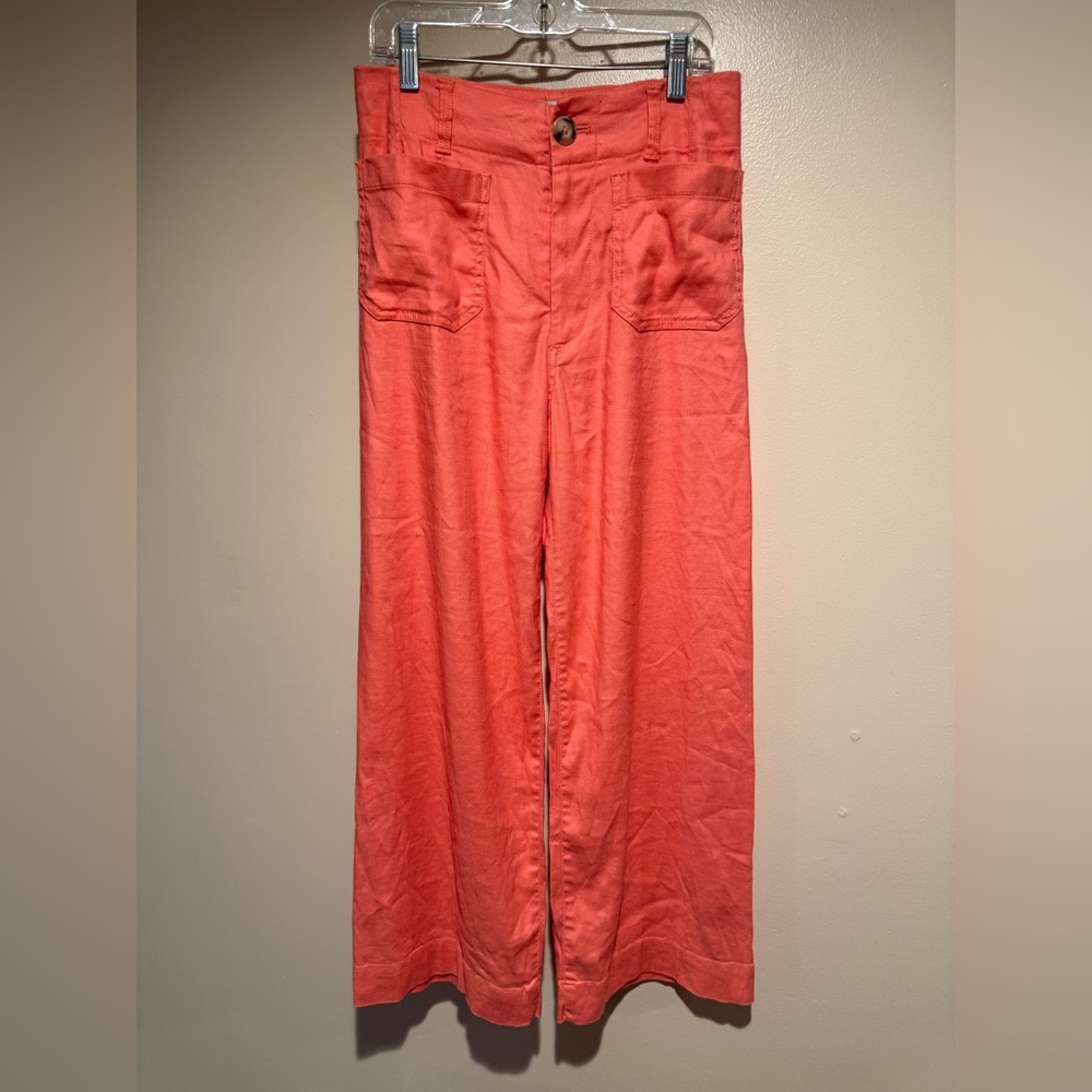 Maeve Coral-Pink Wide Leg Linen-Blend Pants